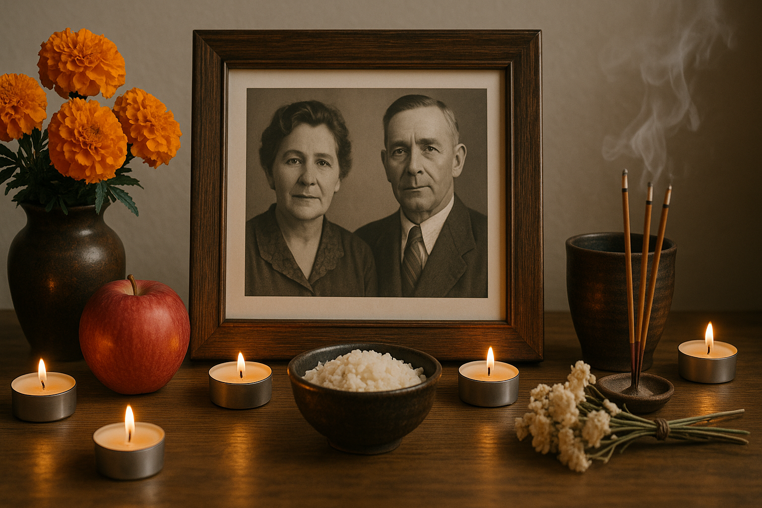 Tarot altar with candles for honoring partner’s ancestors gifts